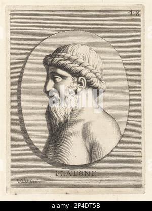 Plato, antiker griechischer Philosoph, geboren in Athen während der klassischen Zeit, um 428 - 348 v. Chr. Von einem Juwel, das dem Adligen Ippolito Vitelleschi vom Marquis Tassi überreicht wurde. Platone. Copperplate-Gravur von Guillaume Vallet nach Giovanni Angelo Canini aus Iconografia, cioe disegni d'imagini de Famosissimi monarchi, would, filososi, poeti ed oratori dell' Antichita, Zeichnungen von berühmten Monarchen, Königen, Philosophen, Dichtern und Ignarern von Rom, 1699. Stockfoto