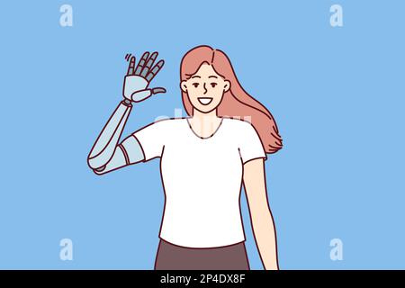 Glückliches Mädchen winkt Prothesenhand, um neue mechanische Roboterhand zu demonstrieren, die auf der Basis innovativer Technologien hergestellt wurde. Eine Frau, die bei einem Autounfall oder Unfall den Arm verloren hat, begrüßt Sie mit einer neuen Prothese Stock Vektor