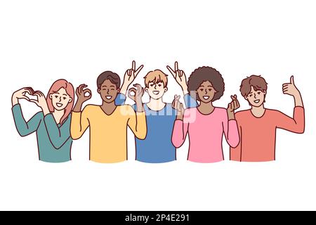 Ein Team aus verschiedenen Personen unterschiedlichen Geschlechts, Alters oder Nationalitäten posieren gemeinsam für Gruppenfotos. Multiethnische Menschen, die im selben Team arbeiten oder lernen, lächeln und zeigen freundliche Gesten Stock Vektor