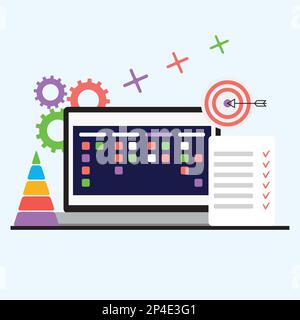 Agile Produktivität, optimierte Arbeitsabläufe mit Scrum. Vektor der Problemlösung, Feedback aus Teamarbeit, Terminplanung, Priorisierung und Stock Vektor