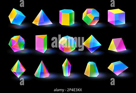 Mehrfarbige Diamantkristallformen. Prismenfarbglasprisma verschiedene volumetrische Figuren. Vektorsatz für dreieckige, polygonale und sechseckige Kristalle Stock Vektor