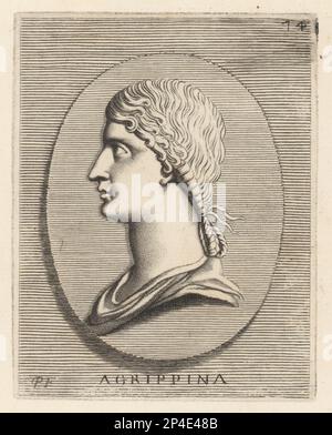 Agrippina die Ältere, Ehefrau von Germanicus, c. 14 v. Chr. - 33 n. Chr., Tochter von Marcus Vipsanius Agrippa und Tochter von Kaiser Augustus, Julia die Ältere. Kopf von einer Sestertius-Bronze-Münze. Agrippina. Copperplate-Gravur von Etienne Picart nach Giovanni Angelo Canini aus Iconografia, cioe disegni d'imagini de Famosissimi monarchi, ¥, filososi, poeti ed oratori dell' Antichita, Zeichnungen von berühmten Monarchen, Königen, Philosophen, Dichtern und Oratoren der Antiquität von Rom, 1699. Stockfoto