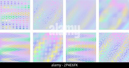 Holographische Texturen. Magischer Einhorn-Holo-Gradient mit geometrischen Mustern, schillernde Regenbogenfarben Hintergrundevektorset Stock Vektor