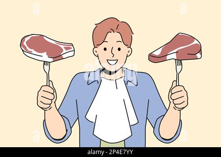 Ein lächelnder Mann, der Steaks auf einer Gabel in den Händen hält. Ein glücklicher Mann, bereit, frisches Fleisch zu essen, begeistert vom köstlichen Abendessen. Ernährung und Diätkonzept. Vektordarstellung. Stock Vektor