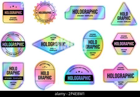 Holographischer Folienaufkleber. Holo-Emblem-Tag-Vorlagen mit schillerndem Farbverlauf, Vektorsatz für Retro-90s-Etiketten im Vaporwave-Stil Stock Vektor