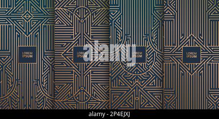 Vector-Liniendesign im trendigen Vintage-Stil, abstrakte geometrische Rahmen im Art déco-Stil, luxuriöse Paketvorlagen mit Blättern. Für die Hochzeit Stock Vektor