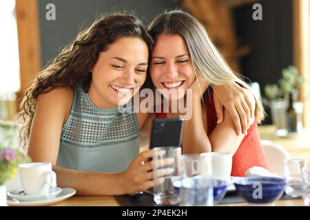 Zwei glückliche Freunde, die gemeinsam in einem Restaurant Handyinhalte überprüfen Stockfoto