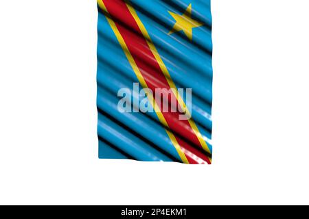 Schöne Feier-Flagge 3D Illustration - glänzende Flagge der Demokratischen Republik Kongo mit großen Falten hängt von oben isoliert auf weiß Stockfoto