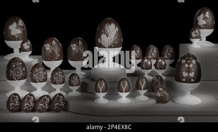 3D Abbildung. Ostern. Dekorierte Schokoladeneier. Süße Tradition anlässlich der Osterferien. Stockfoto