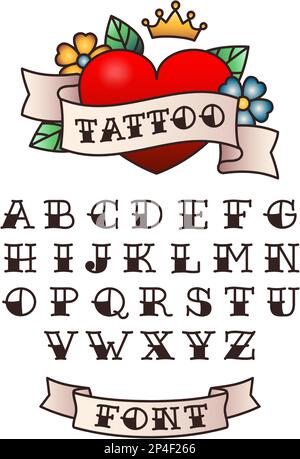 Alte Tattoo-Schriftart. Traditionell amerikanische Schriftzeichen, handgezeichnete Buchstaben im Stil von Seemanntätowierungen, Vektorset Stock Vektor