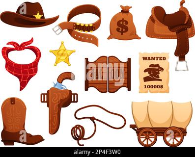Cartoon Wilder Westen Sheriff Elemente. Limousinentüren, Sattel und Wagen. Gesucht für Belohnung, Hut und Cowboystiefel aus Leder Vektorbild-Set Stock Vektor