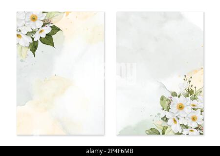 Set mit Kartenschablone mit Aquarell-Anemonblume, die auf Flecken blüht, Hochzeitseinladung. Vektor dekorativer Valentinstag, Grußkarte, Einladung Stock Vektor