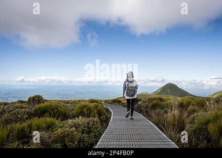 Frau wandert auf der Pouakai-Strecke, geht auf der Promenade spazieren. Blick auf die Taranaki in der Ferne. Egmont-Nationalpark. Neuseeland. Stockfoto