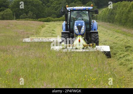 Auftragnehmer mit New Holland T6080-Traktor mit vorn und hinten montierten Claas-Mähern, Mähen von Gras für Silage auf ökologischem Landbau, Powys, Wales, United Stockfoto