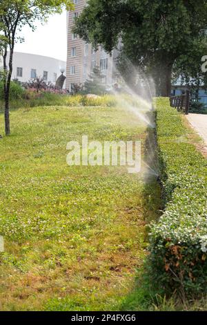An einem warmen Sommertag bewässern Sprinkler den grünen Rasen am Hang des Stadtparks. Vertikales Bild. Speicherplatz kopieren. Stockfoto