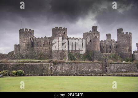 Blick auf mittelalterliche Burgruinen, Conwy Castle, Conwy, Clwyd, Nordwales, Vereinigtes Königreich Stockfoto