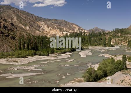 Blick auf das unberührte Flusstal in einer derzeit stark bedammten Gegend, Coruh River Valley (Coruh Nehri), Anatolien, Türkei Stockfoto