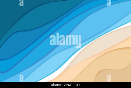 Breites Banner. Abstrakte Meereswellen. Nautischer Hintergrund im Papierschnitt. Marinetapete. 3D Tapete mit ausgeschnittenen Wellen. Blaue Layer mit Stock Vektor