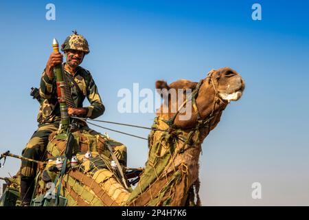 Indien, Rajasthan, Bikaner, nationales Kamelforschungszentrum, Kamelfestival, schwer bewaffneter Grenzsicherheitssoldat auf einem gepanzerten Kamel Stockfoto