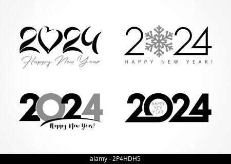 Großer 2024-Satz, Logo im Textdesign mit Schneeflocke, Herz und Inschrift. Frohes neues Jahr 2024, isolierte grafische Vorlagensymbole. Kreative Vektorkarte Stock Vektor