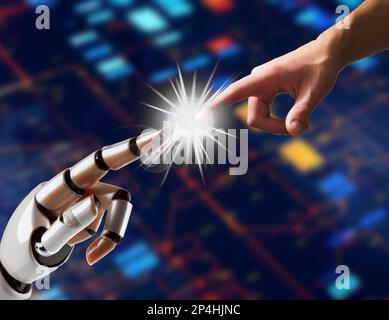 Eine Roboterhand zeigt auf eine menschliche Hand. Das Konzept der künstlichen Intelligenz. Stockfoto