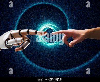 Eine Roboterhand zeigt auf eine menschliche Hand. Das Konzept der künstlichen Intelligenz. Stockfoto