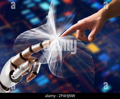 Eine Roboterhand zeigt auf eine menschliche Hand. Das Konzept der künstlichen Intelligenz. Stockfoto