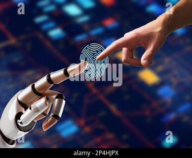 Eine Roboterhand zeigt auf eine menschliche Hand. Das Konzept der künstlichen Intelligenz. Stockfoto