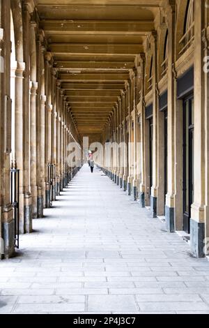 Porträtaufnahme einer einzelnen Person in der Arkade des Palais Royale, 1. Arrondissement in Paris. Stockfoto