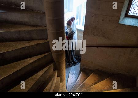 Die Wendeltreppe in der Tour Jean-Sans-Peur, dem letzten burgundischen Palast in Paris. Stockfoto