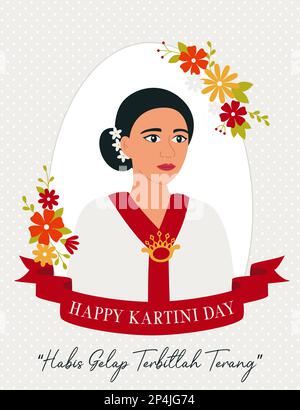 Happy Kartini Day Celebration (Alles Gute Zum Kartini-Tag) Asiatische Frau, umgeben von Blumen. Indonesischer Feiertag. Habis Gelap Terbitlah Terang bedeutet nach Dunkelheit kommt Licht. F Stock Vektor