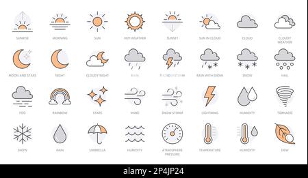 Symbole für die Wetterlinie eingestellt. Sonne, Regen, Gewitter, Tau, Wind, Schneewolke, Nachthimmel, minimale Vektorgrafiken. Einfache flache Umrissschilder für das Netz Stock Vektor