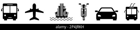 Gruppe von Transportsymbolen. Öffentlicher Bus, Flugzeug, Schiff, Roller, Auto und Straßenbahn. Vektordarstellung Stock Vektor