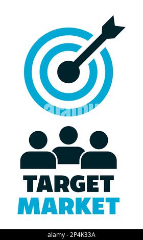Symbol für Zielmarkt. Zielen und Pfeile mit einer Gruppe von Menschen. Marketingstrategie. Geschäftskonzept. Produktentwicklungsprozess. Forschung zu Kundentrends Stock Vektor