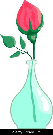 Abbildung mit rosafarbener Rosenblume und Blättern in Glasvase in flachem Stil auf transparentem Hintergrund Stock Vektor