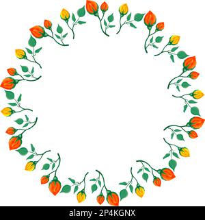 Eleganter runder Rand mit Blumenmuster aus gelben und roten Rosenblumen mit Blättern Stock Vektor