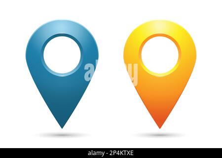 Realistische Geolokationssymbole in Blau und Gelb auf weißem Hintergrund. Stock Vektor