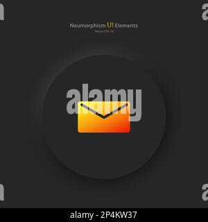 Runder Knopf mit dem Meldungssymbol auf schwarzem Hintergrund. Benutzeroberflächenelemente im Stil des Pneumorphismus, UX, UI. Stock Vektor