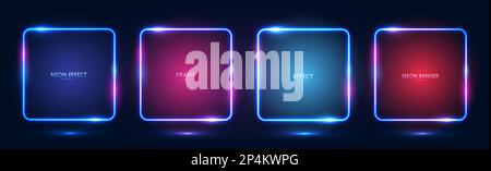 Ein Satz von vier quadratischen Neonrahmen mit leuchtenden Effekten, Lichtern und Inschriften auf dunklem Hintergrund. Stock Vektor