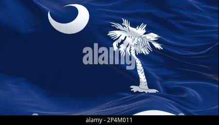 Detail der South Carolina Staatsflagge, die winkt. Blaues Feld mit weißem Palmenbaum und Halbmond. US-Staat. Geriffelter Stoff. Strukturierter Hintergrund. 3D il Stockfoto