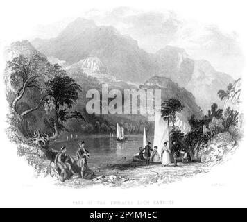 Eine Gravur des Pass of the Trosachs (Trossachs) Loch Katrine, Schottland, Großbritannien, gescannt in hoher Auflösung von einem Buch, das 1840 gedruckt wurde. Stockfoto