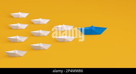 Papierboot führt blau, gefolgt von anderen weißen Booten auf gelbem Hintergrund. Konzept für Follower in sozialen Medien oder im Internet. 3D-Rendering. Stockfoto