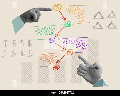 Symbolisches Konzept eines Marketingtrichters oder einer Karte der Customer Journey mit Hands und Plan. Stockfoto