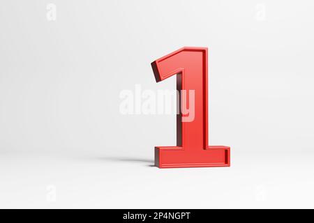 Roter Kunststoff-Spielzeugblock Nummer 1 auf weißem Hintergrund. Veranschaulichung des Konzepts des ersten Platzes, der Einzigartigkeit und des Siegers Stockfoto