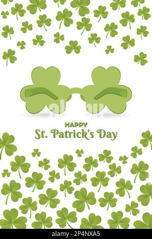 Happy St. Vertikales Hintergrundbanner Zum Patricks Day. Einzigartige 90s-Design-Vektorgrafik mit funky Party-Sonnenbrille im Retro-Look. Realistische Shamrock-Blätter Stock Vektor