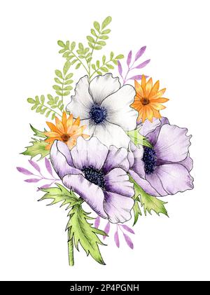 Aquarell Bouquet mit Anemonblüten, gelben Wildblumen und Zweigen mit Blättern. Violette sanfte Anemonen. Anordnung der Blumen. Design für Postkarten Stockfoto