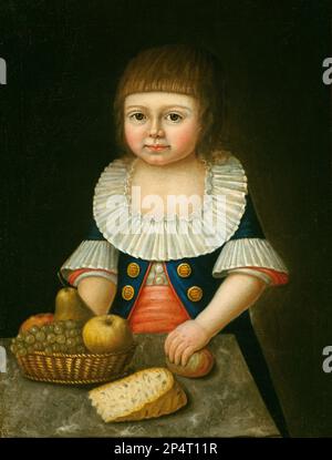 Amerikanischer Junge aus dem 18. Jahrhundert mit einem Obstkorb c. 1790 Stockfoto