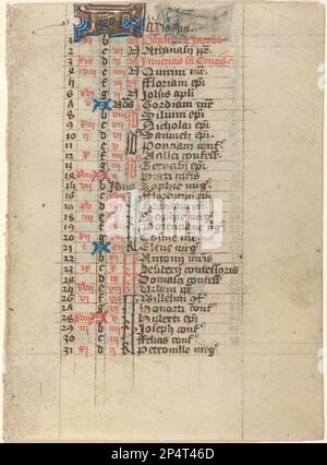 French 15. Century Page aus einem Buch der Stunden, c. 1400? Manuskript-Seite mit Text und beleuchteten Initialen auf Velinpapier Stockfoto