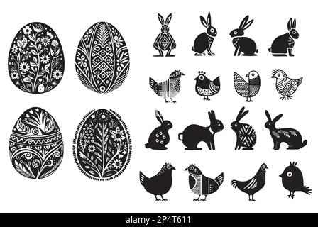 Sammlung von ostermotiven mit osterei und Kaninchen. Vector Low Brow Clipart Set für Frühlingsfeier. Stock Vektor