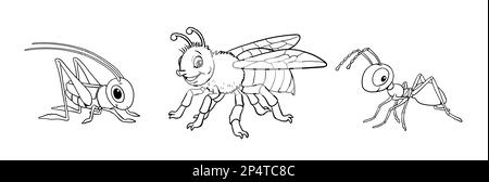 Süße Heuschrecke, Biene und Ameise zum Ausmalen. Vorlage für ein Malbuch mit lustigen Tieren. Malseite für Kinder. Stockfoto